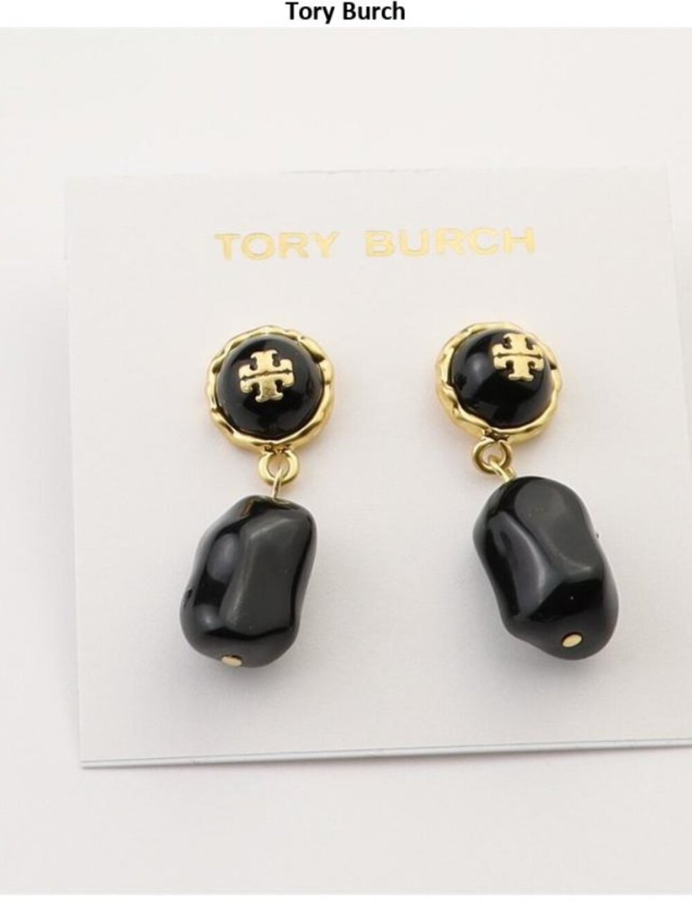 Tory Burch Black and Gold Dangle Logo Earrings